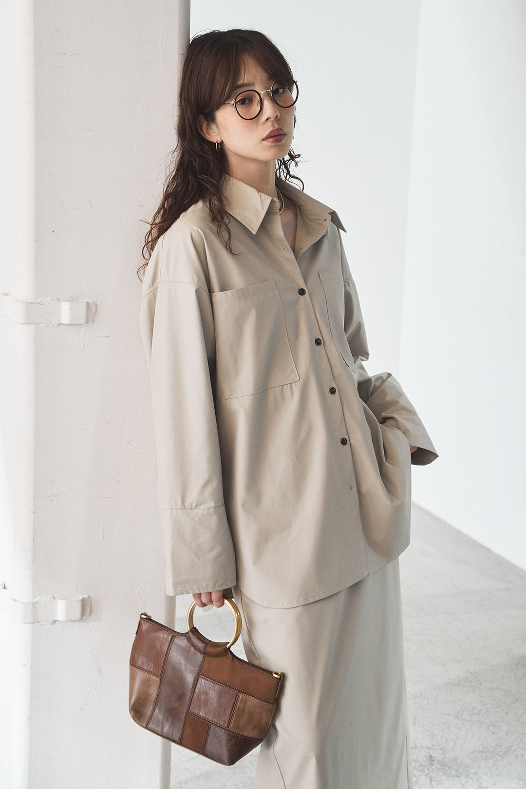 [SET]ウォッシャブルエコレザービックカフスシャツ+ウォッシャブルエコレザーナロースカート(2set)