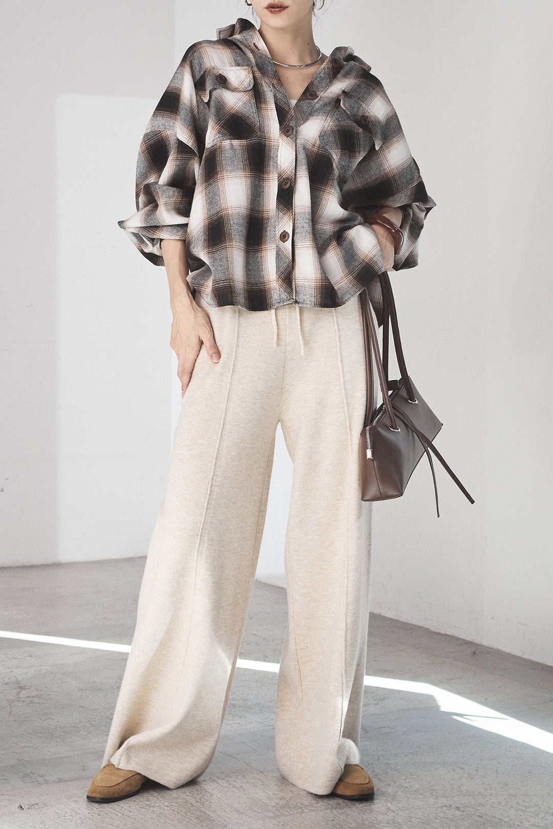 [SET]オンブレーチェックビッグシルエットCPOシャツ+センターラインニットパンツ(2set)