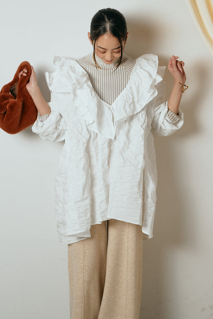 [SET]Vネックフリルカラーブラウス+リブニットシームレスタートルプルオーバー+センターラインニットパンツ(3set)