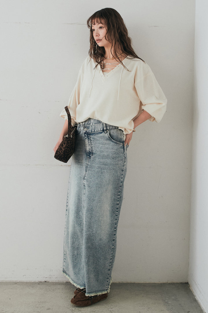 [SET]レースアップワッフルボーダートップス+ウエストクロスデニムタイトスカート(2set)