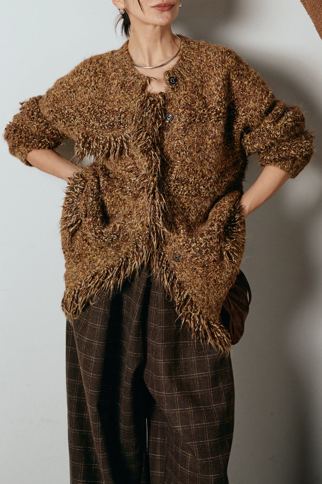 [SET]フリンジニットカーディガン+ウールライクチェックタックパンツ(2set)