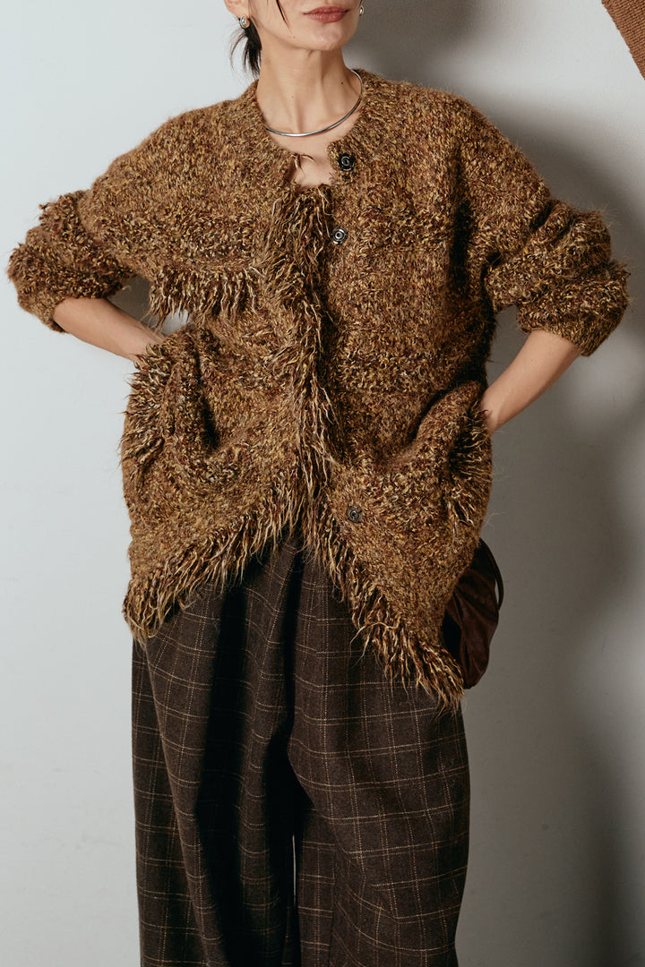 [SET]フリンジニットカーディガン+ウールライクチェックタックパンツ(2set)