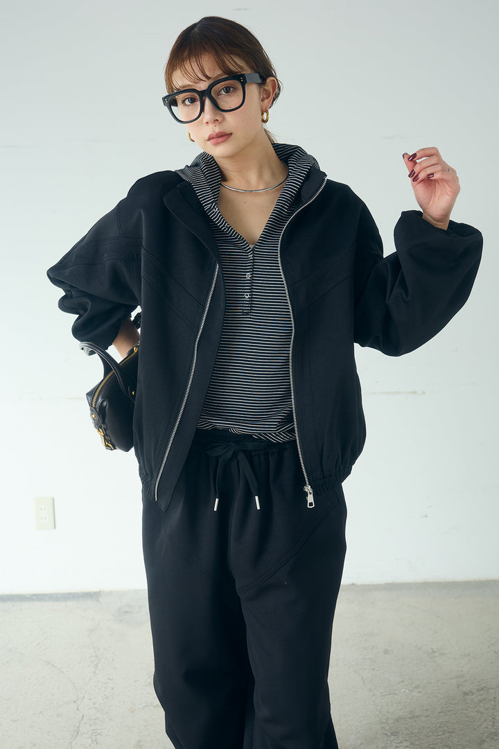 [SET]マルチ切り替えドルマンブルゾン+ランダムタックデザインワイドパンツ+ボーダーフーディーロンT(3set)