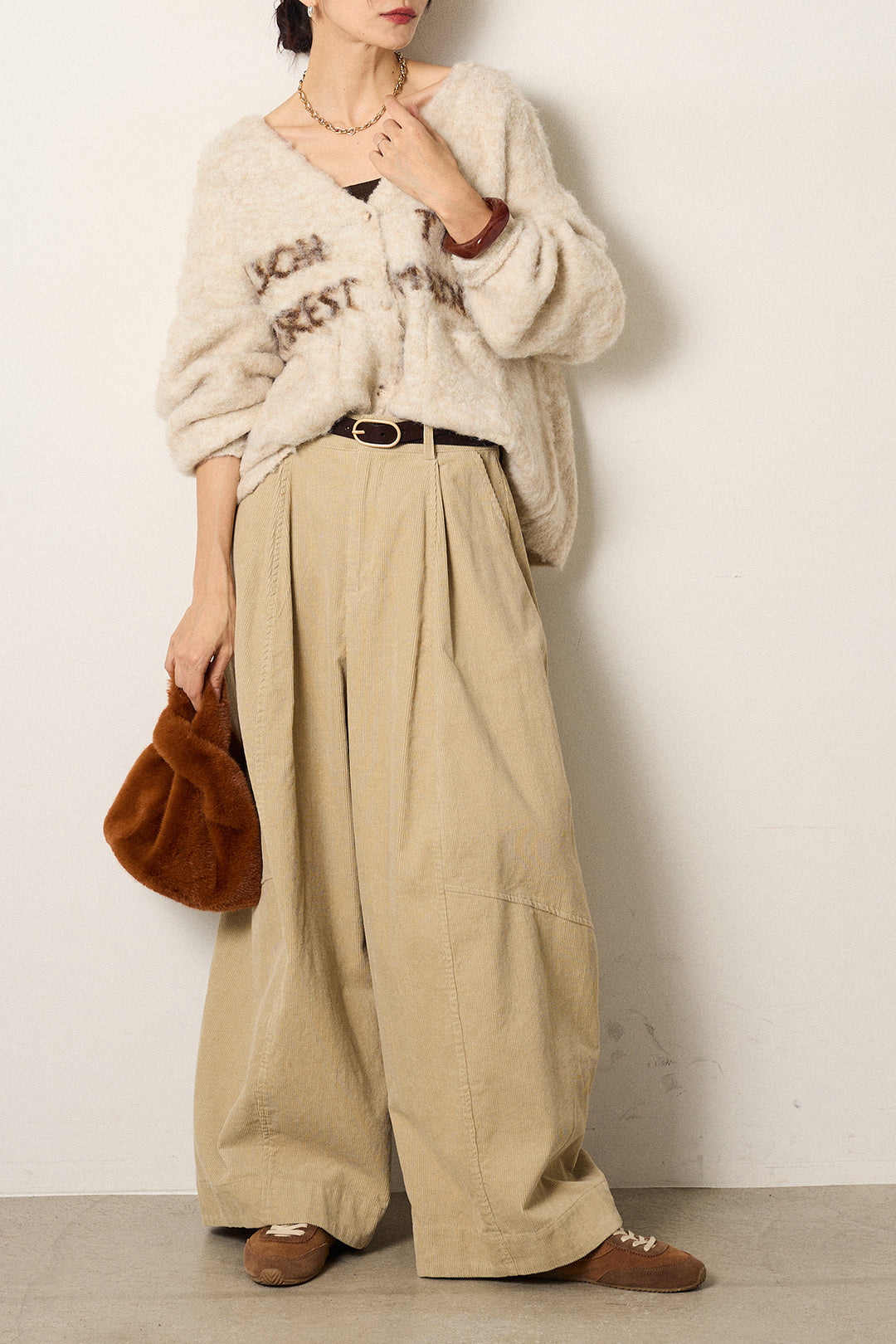[SET]ウール混透かしロゴニットカーディガン+タック入りコーデュロイワイドパンツ(2set)