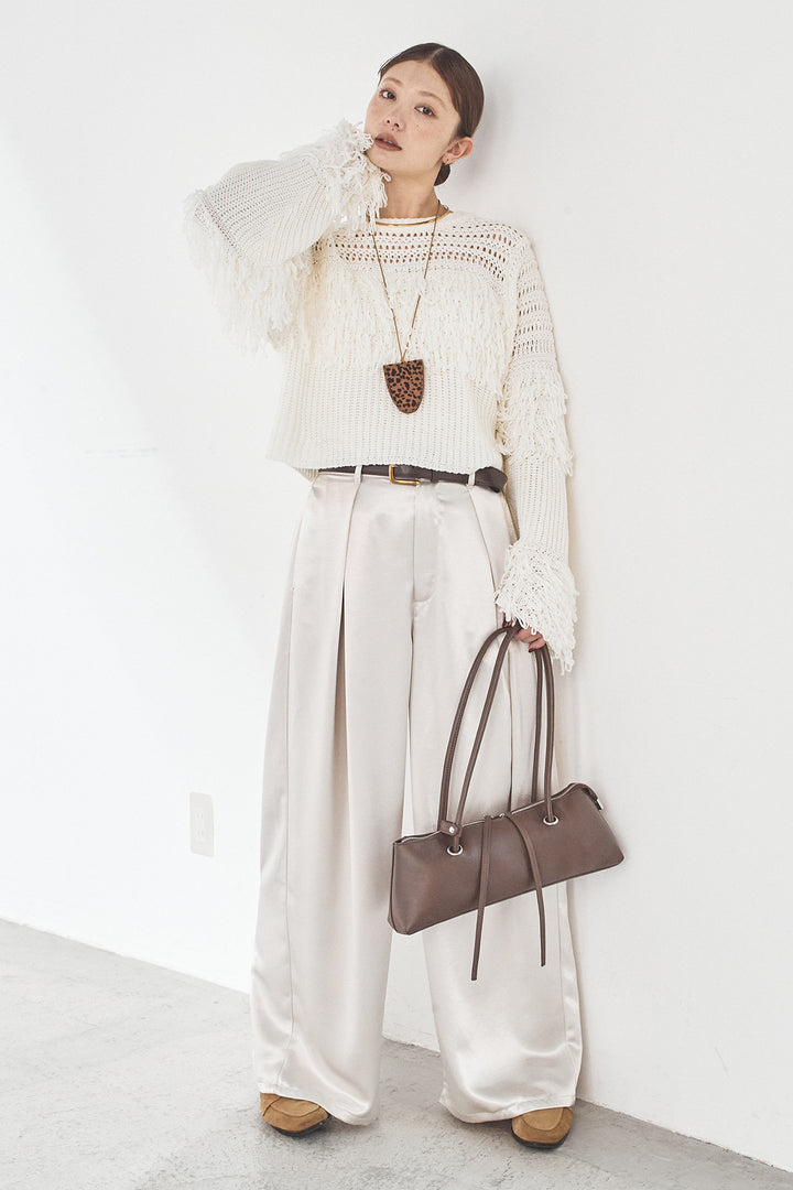 [SET]メッシュフリンジ切り替えプルオーバー+サテンタックワイドパンツ(2set)