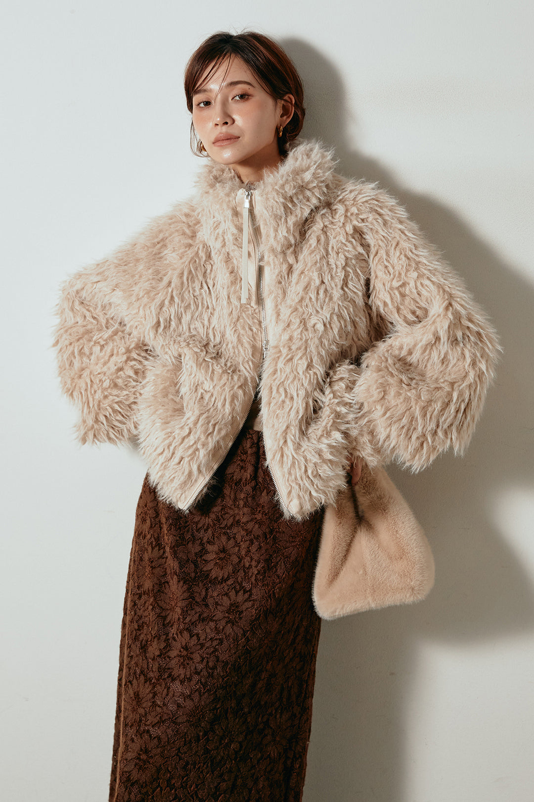 [SET]ミックスシープファースタンドブルゾン+花柄刺繍ベロアフレアスカート(2set)