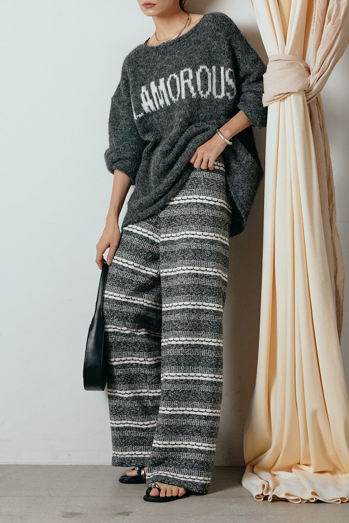 [SET]フロントロゴデザインニットトップス+マルチライン柄リラックスニットパンツ(2set)