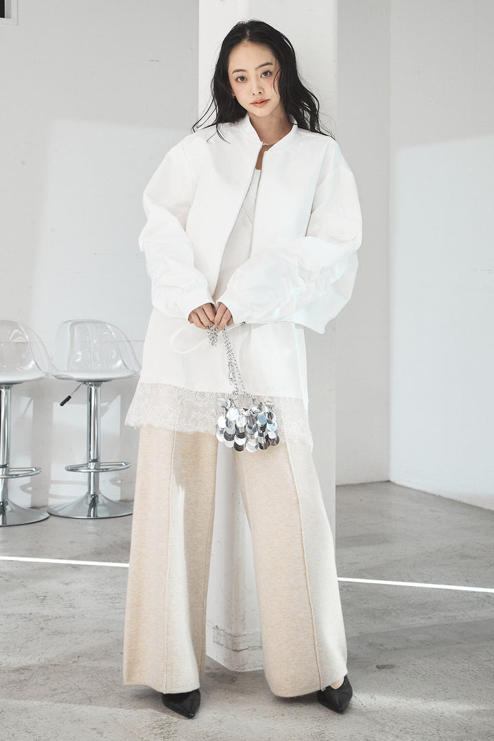 [SET]袖ギャザーデザインブルゾン+センターラインニットパンツ(2set)