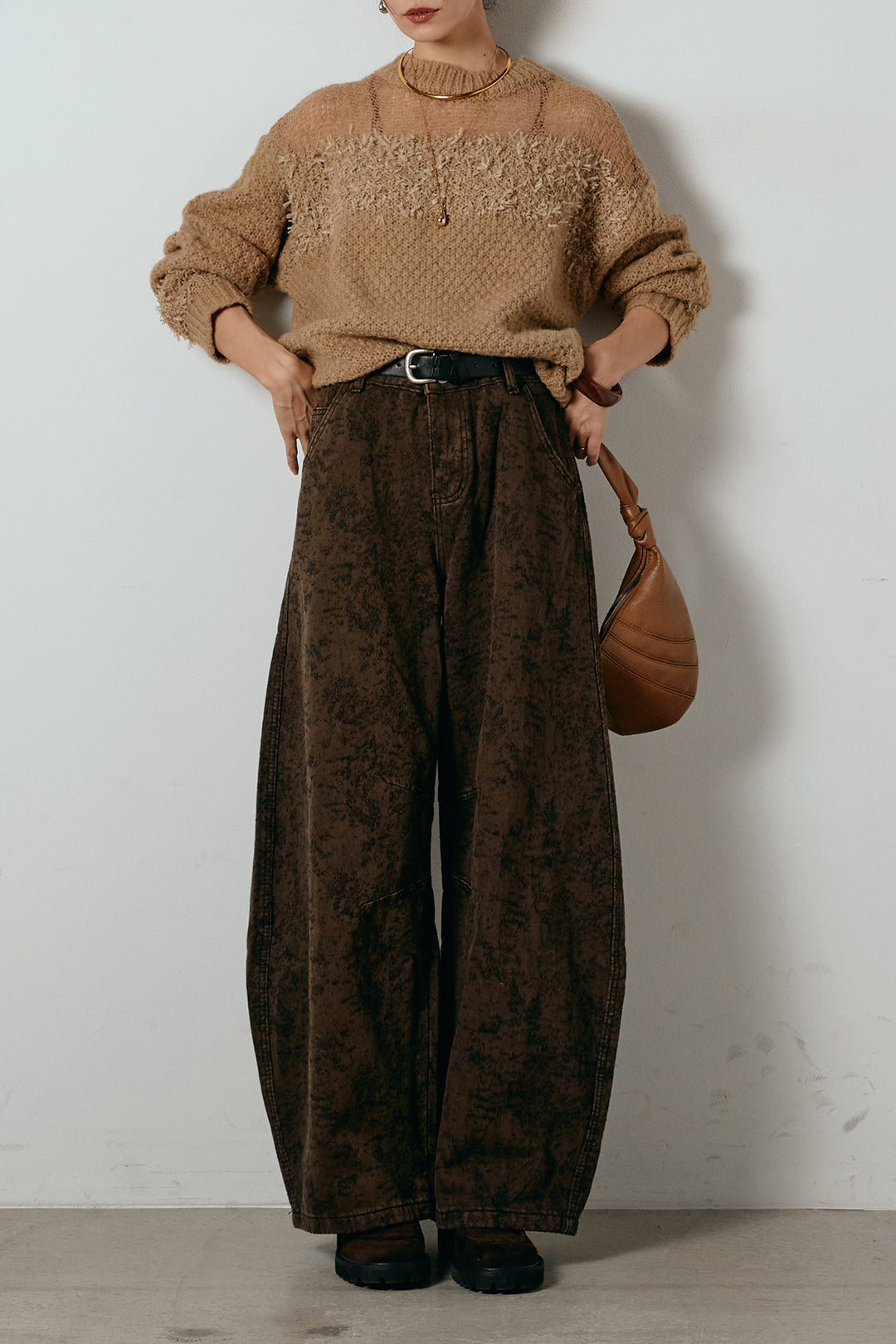 [SET]パターンランダム編みニットトップス+ベルト付きニュアンス柄カーブワイドパンツ(2set)