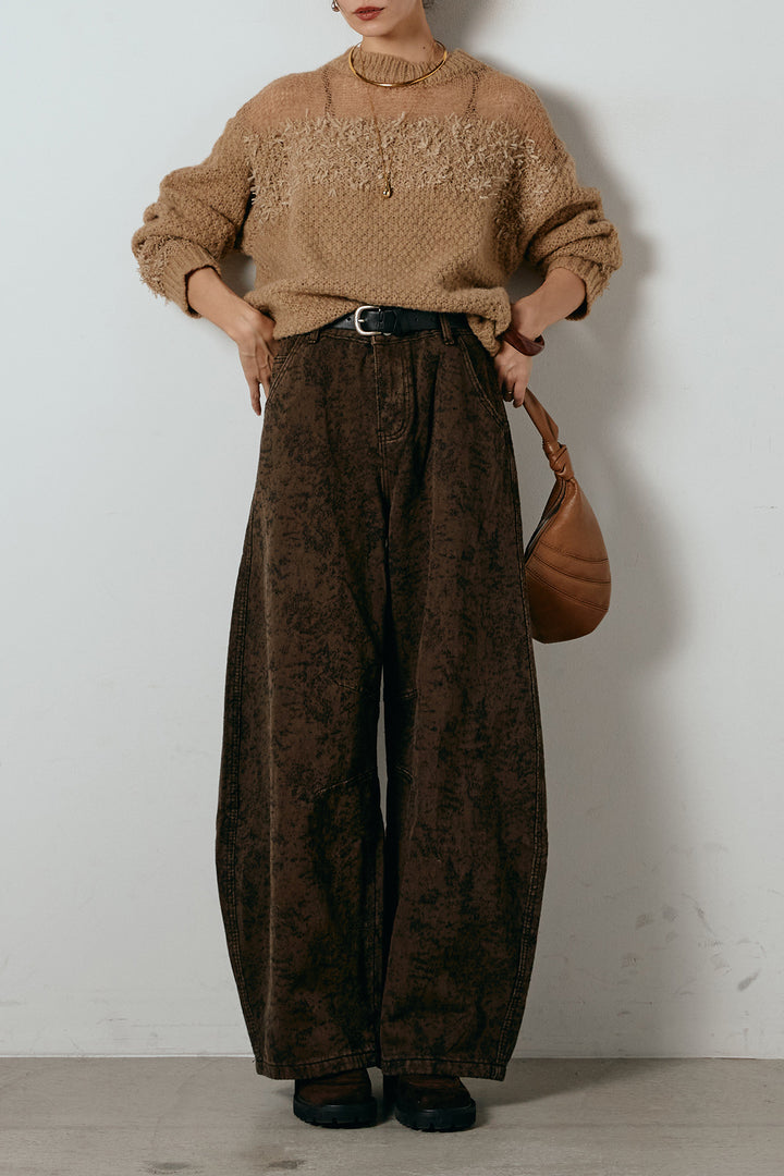 [SET]パターンランダム編みニットトップス+ベルト付きニュアンス柄カーブワイドパンツ(2set)