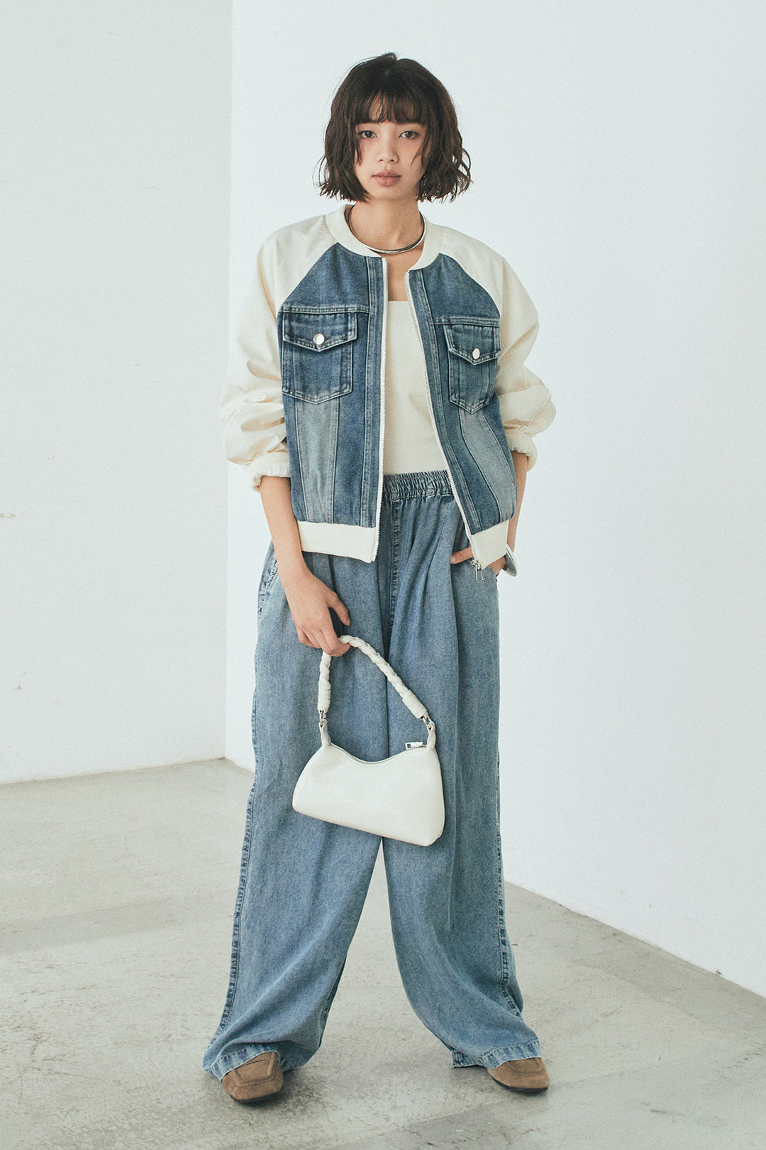 [SET]ナイロンデニムドッキングブルゾン+テンセルデニムイージーワイドパンツ(2set)
