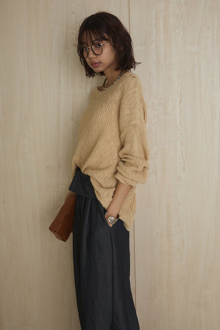 [SET]ネック編みデザインニットトップス+ウエスト折り返しワイドパンツ(2set)