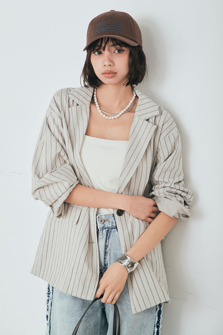 [SET]リネンライクストライプテーラードジャケット+デニムサイドフリルパンツ(2set)