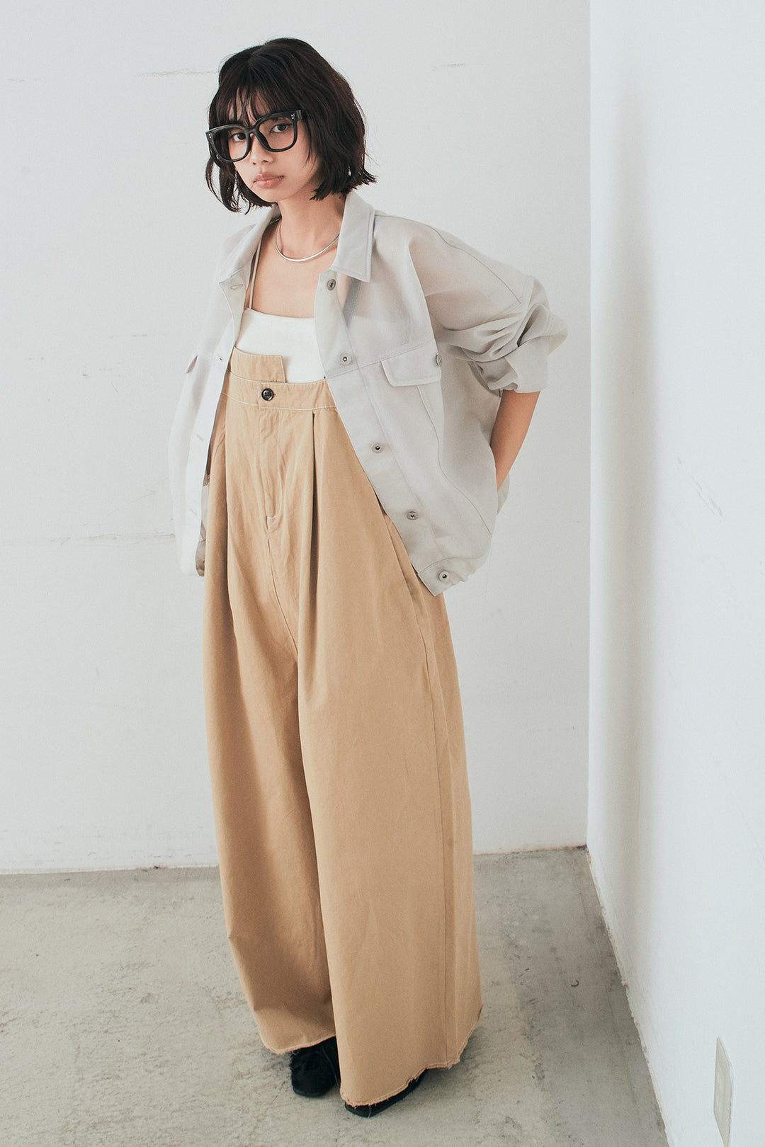 [SET]シアーダンボールサイドドロストジャケット+綿ツイルアシメサロペット(2set)