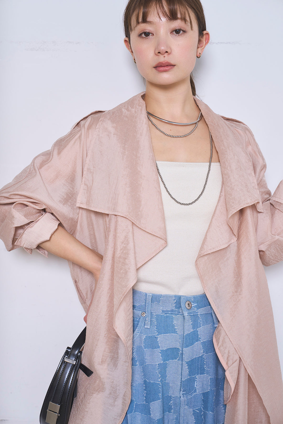 [SET]ロングシアーアウター+パッチワーク風デニムワイドパンツ(2set)