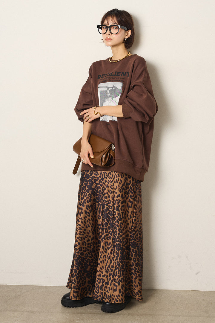 [SET]モノトーンプリントスウェット+レオパード柄サテンスカート(2set)