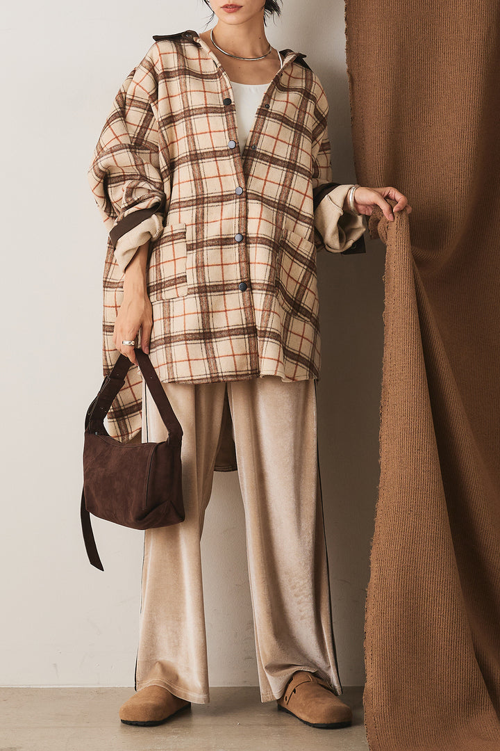 【即納】マルチチェックミディアム丈コート/ベージュ