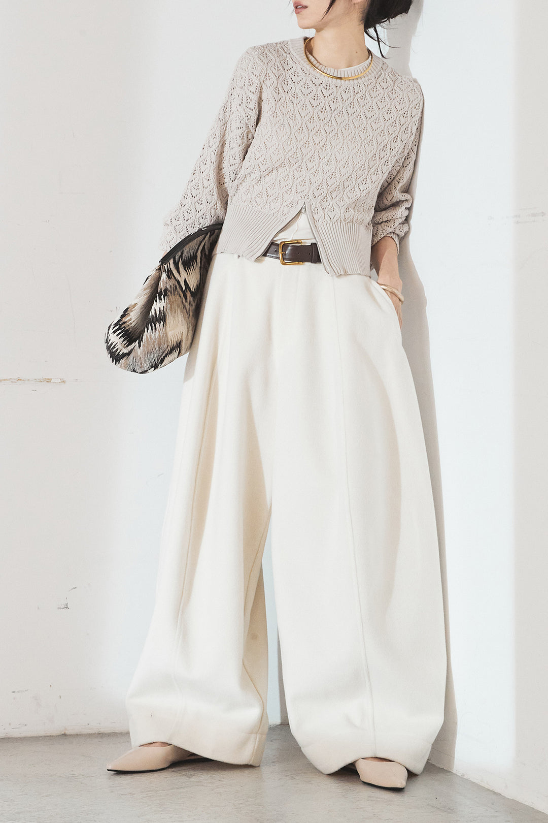 [SET]透かし編みニットジップスリットプルオーバー+ウールタッチカーブワイドパンツ(2set)