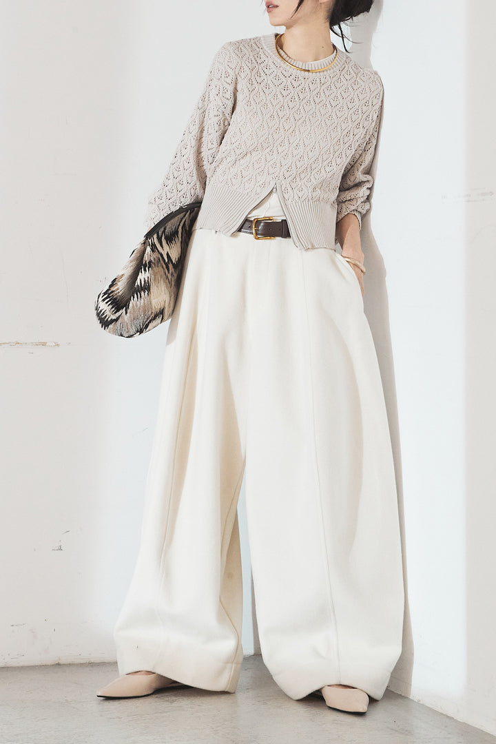 [SET]透かし編みニットジップスリットプルオーバー+ウールタッチカーブワイドパンツ(2set)