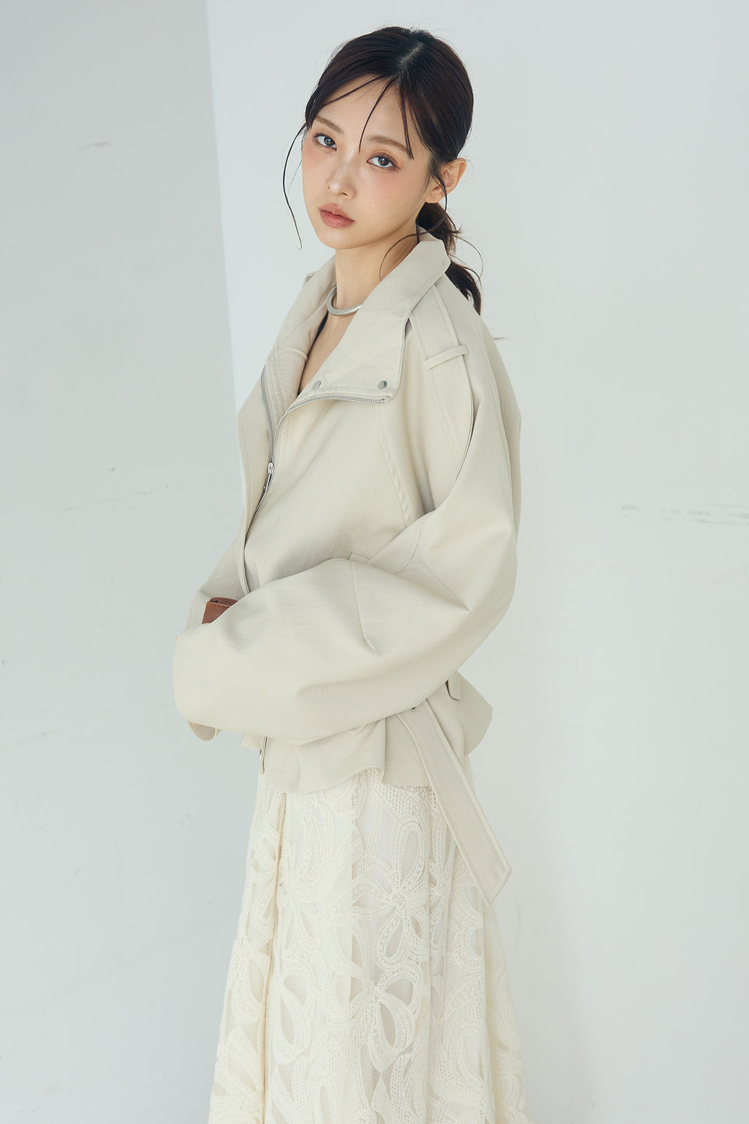 [SET]ベルト付きスタンドネックアウター+ニュアンス柄刺繍スカート(2set)