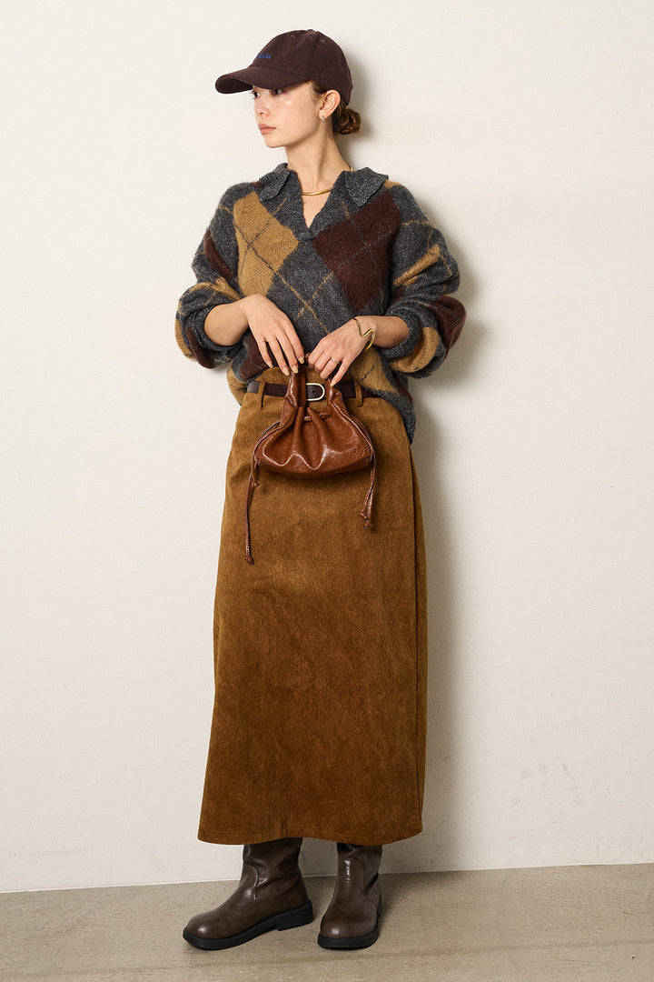 [SET]アクリルモヘアアーガイルキーネックプルオーバー+ロープベルト付きスウェード調スカート(2set)