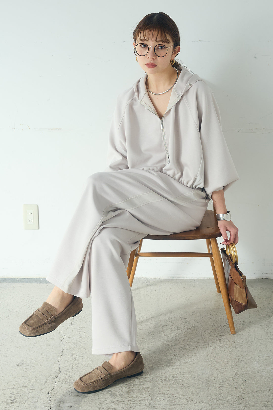 [SET]ドルマンショートフーディー+異素材切り替えスウェットパンツ(2set)