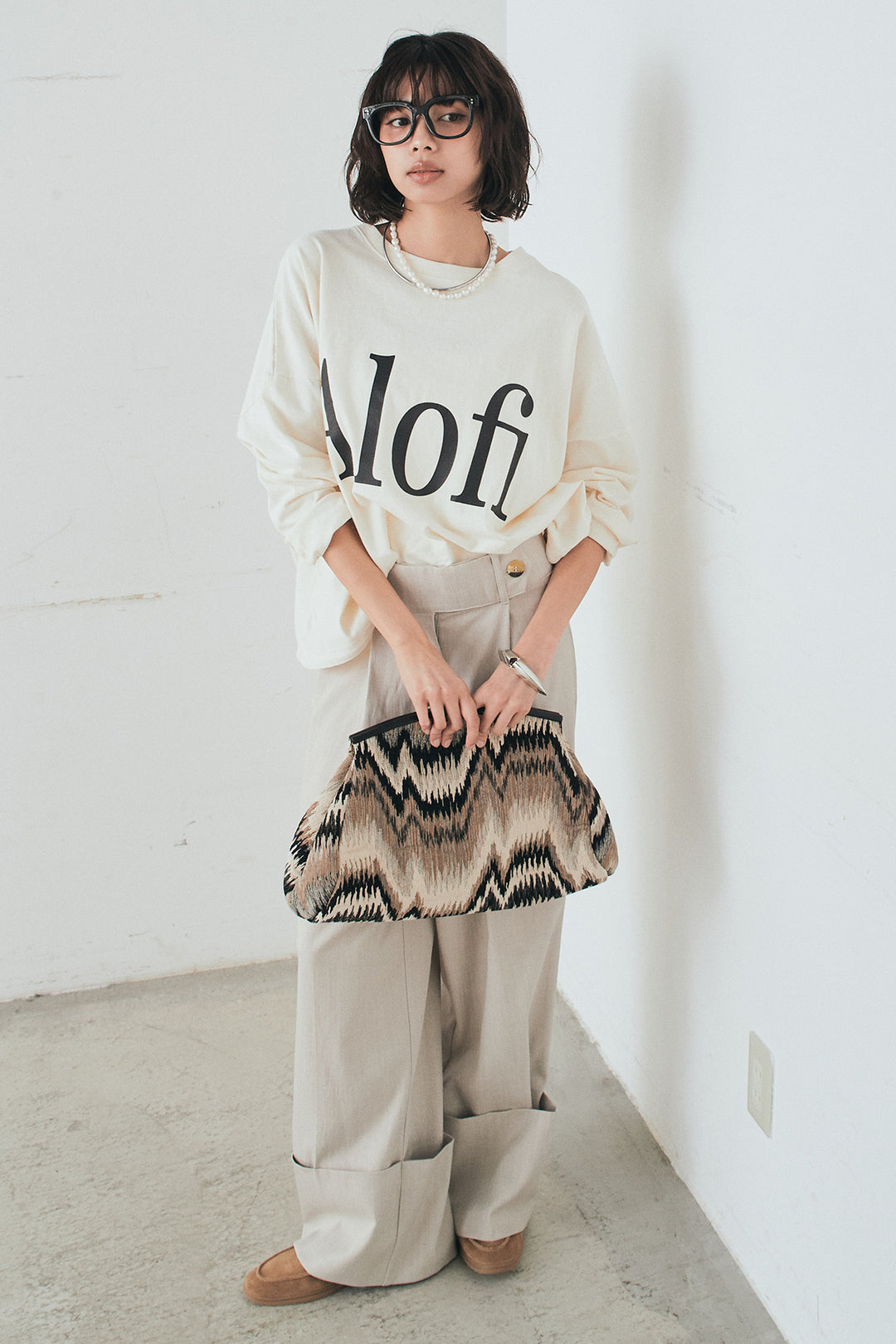 [SET]裾センタードロストロゴプリントワイドTシャツ+センタープレスセミワイドパンツ(2set)