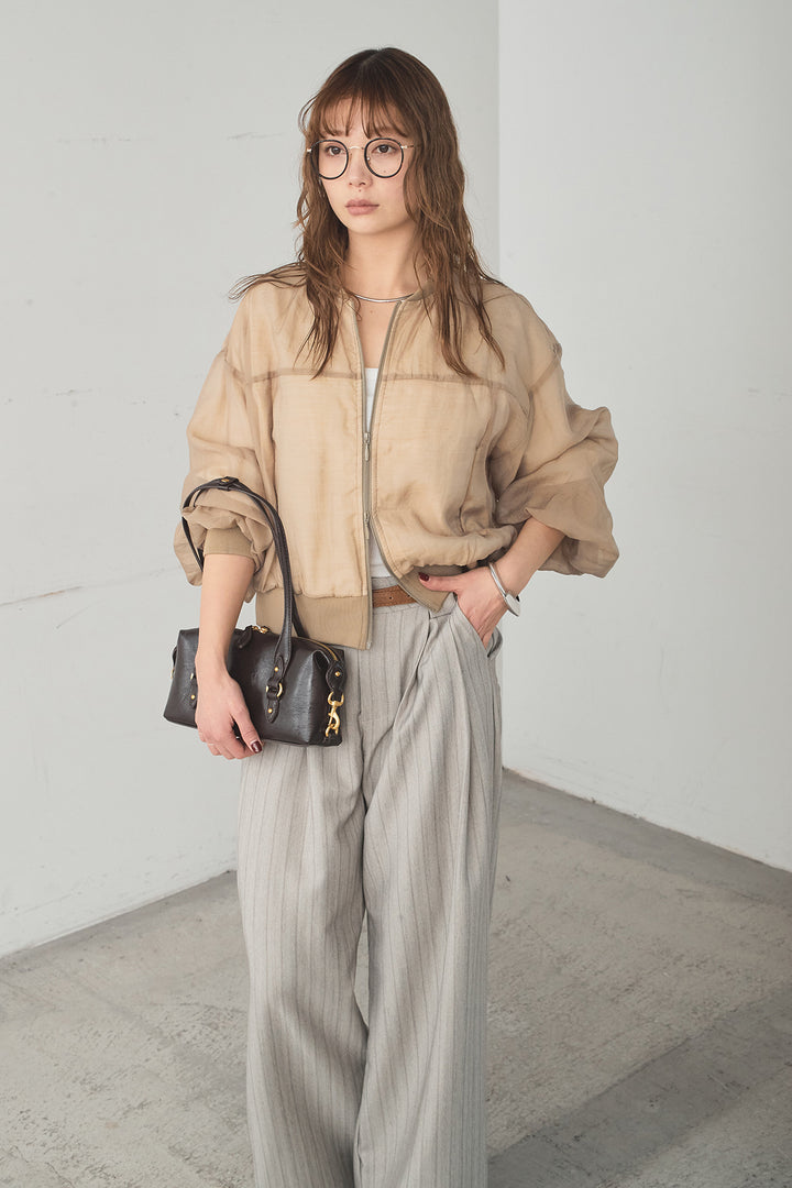 [SET]シアー×ポンチブルゾン+細ベルト付きピンストライプワイドパンツ(2set)