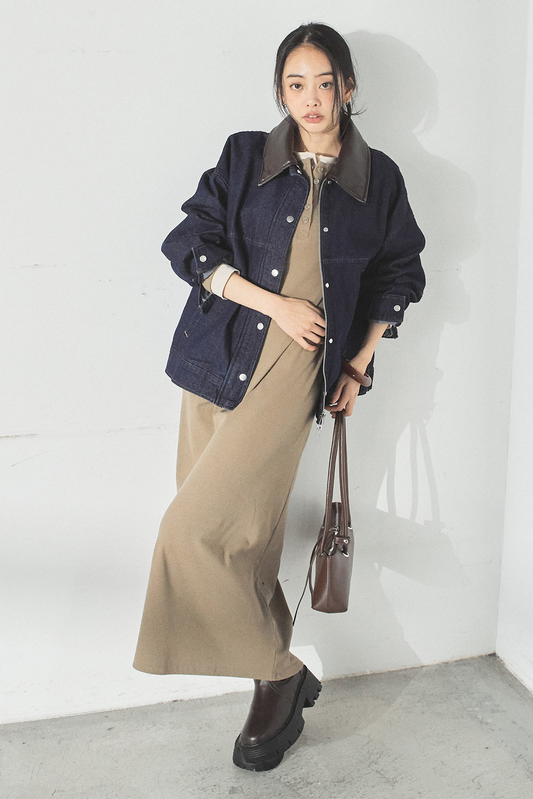 [SET]加工デニムレザー襟付きデニムブルゾン+カットリブレイヤードヘンリーネックワンピース(2set)