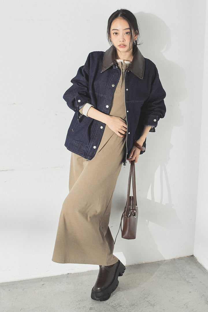 [SET]加工デニムレザー襟付きデニムブルゾン+カットリブレイヤードヘンリーネックワンピース(2set)