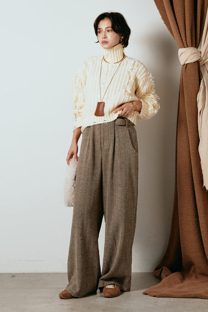 [SET]フリンジタートルショートニット+クラシックヘリンボーンサロペット(2set)