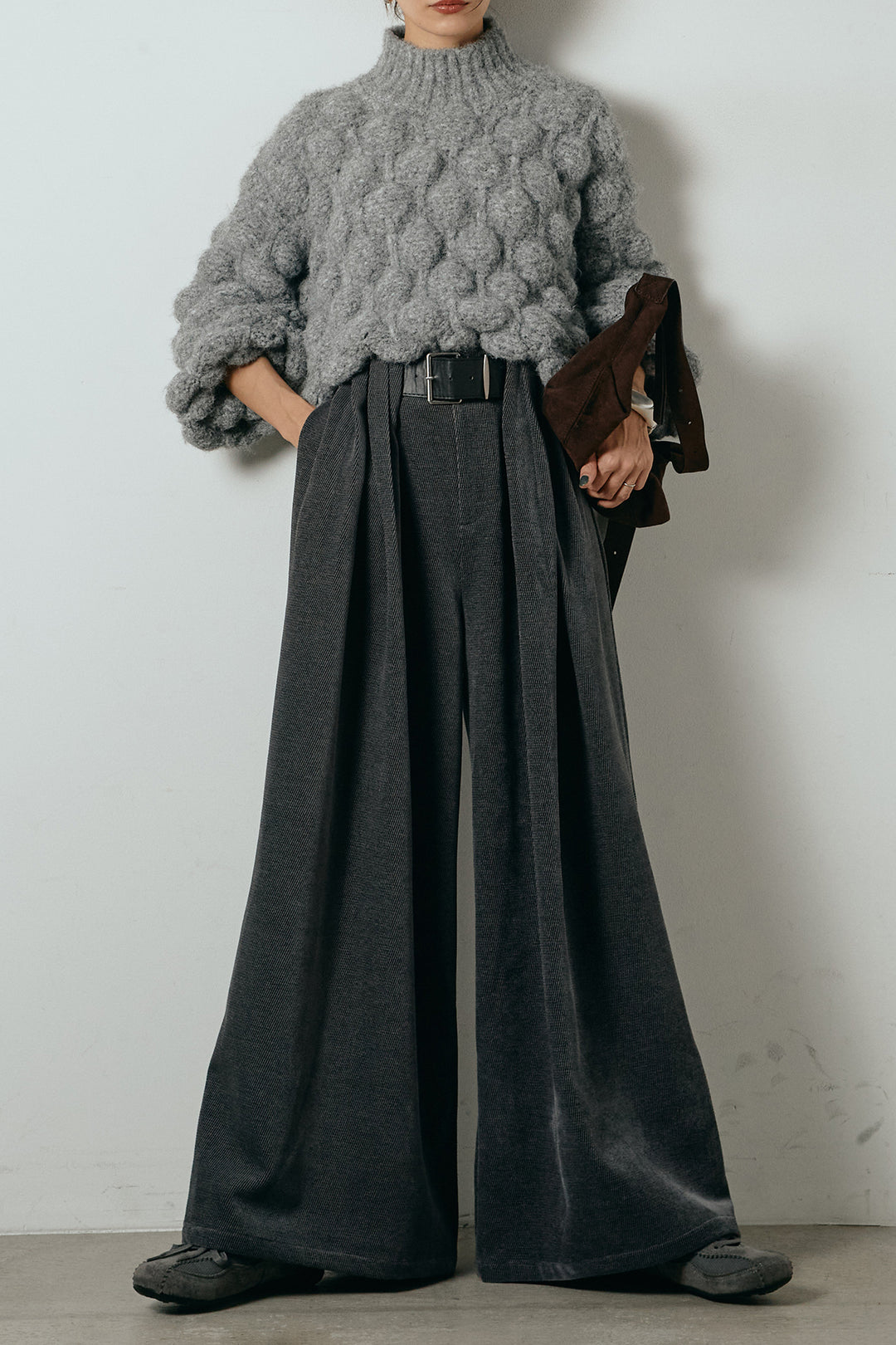 [SET]ボリュームポップコーンニットトップス+ベルトループコーデュロイワイドパンツ(2set)