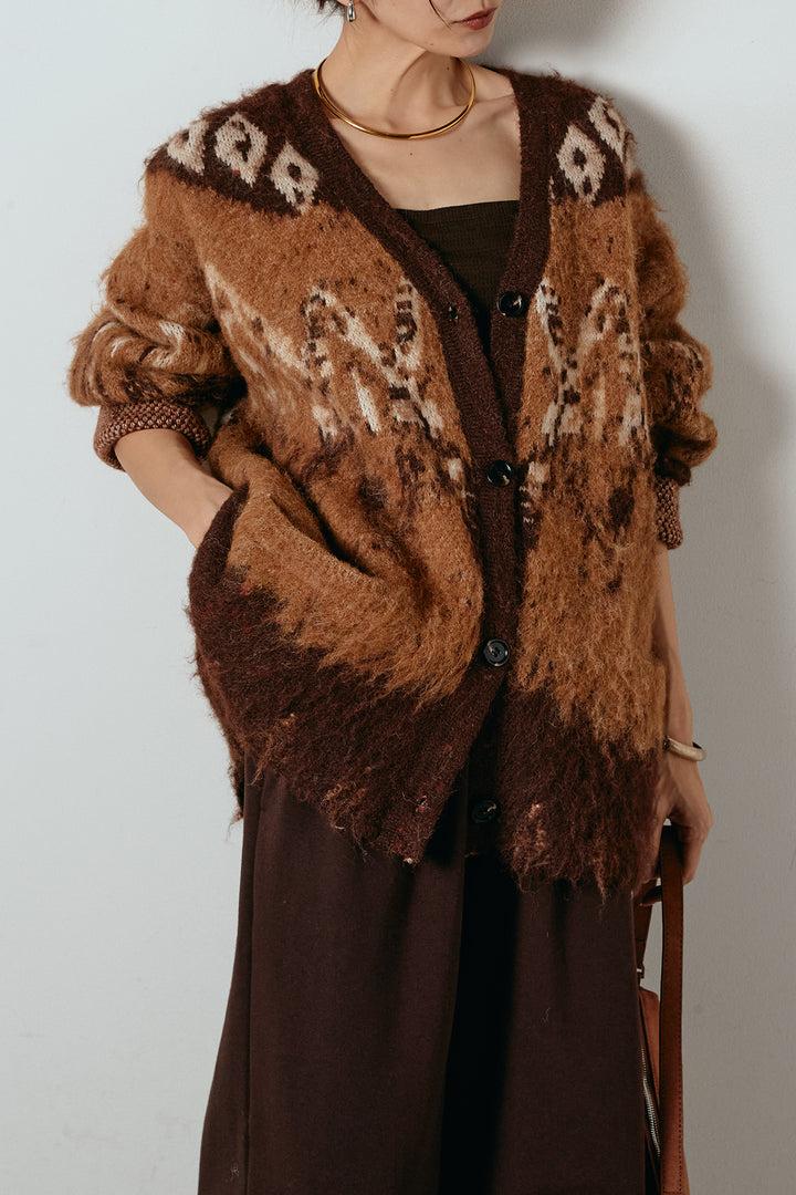 [SET]シャギーニュアンス柄ニットカーディガン+裏起毛スウェットワイドパンツ(2set)