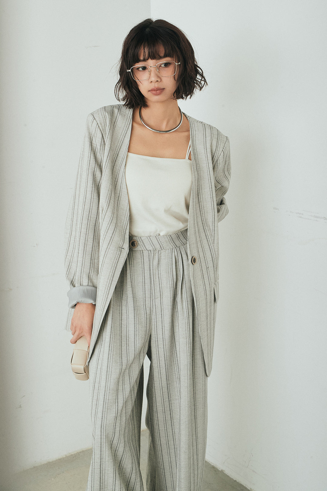 [SET]ノーカラーピンストライプジャケット+ピンストライプワイドスラックス(2set)