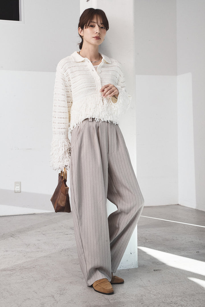 [SET]メッシュフリンジカーディガン+ヘリンボーンストライプツータックパンツ(2set)