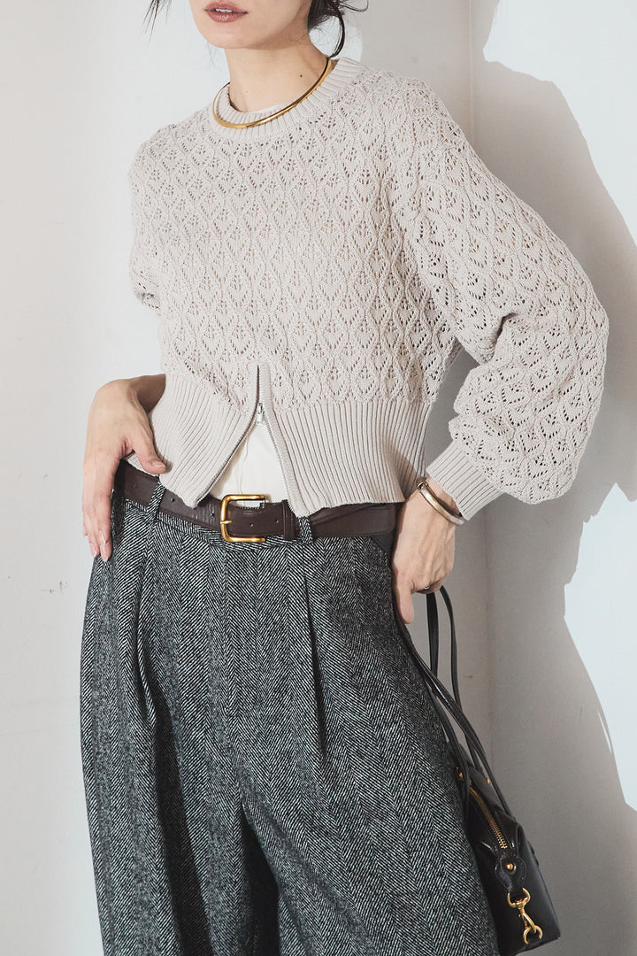 [SET]透かし編みニットジップスリットプルオーバー+タックツイードワイドパンツ(2set)