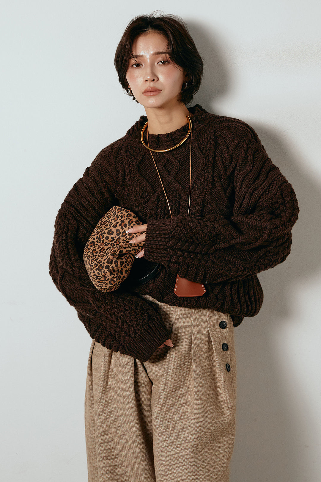 [SET]アラン柄ミックスケーブルニット+サイドボタンツイードタックパンツ(2set)