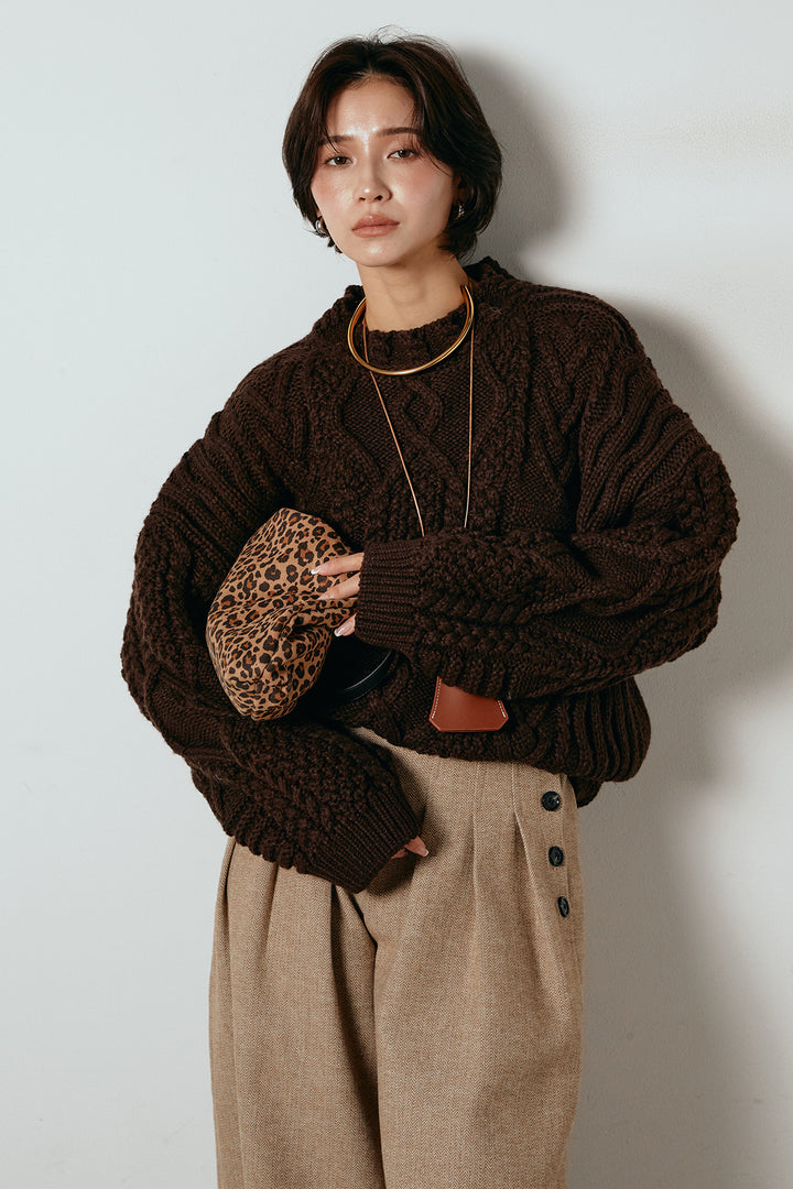 [SET]アラン柄ミックスケーブルニット+サイドボタンツイードタックパンツ(2set)