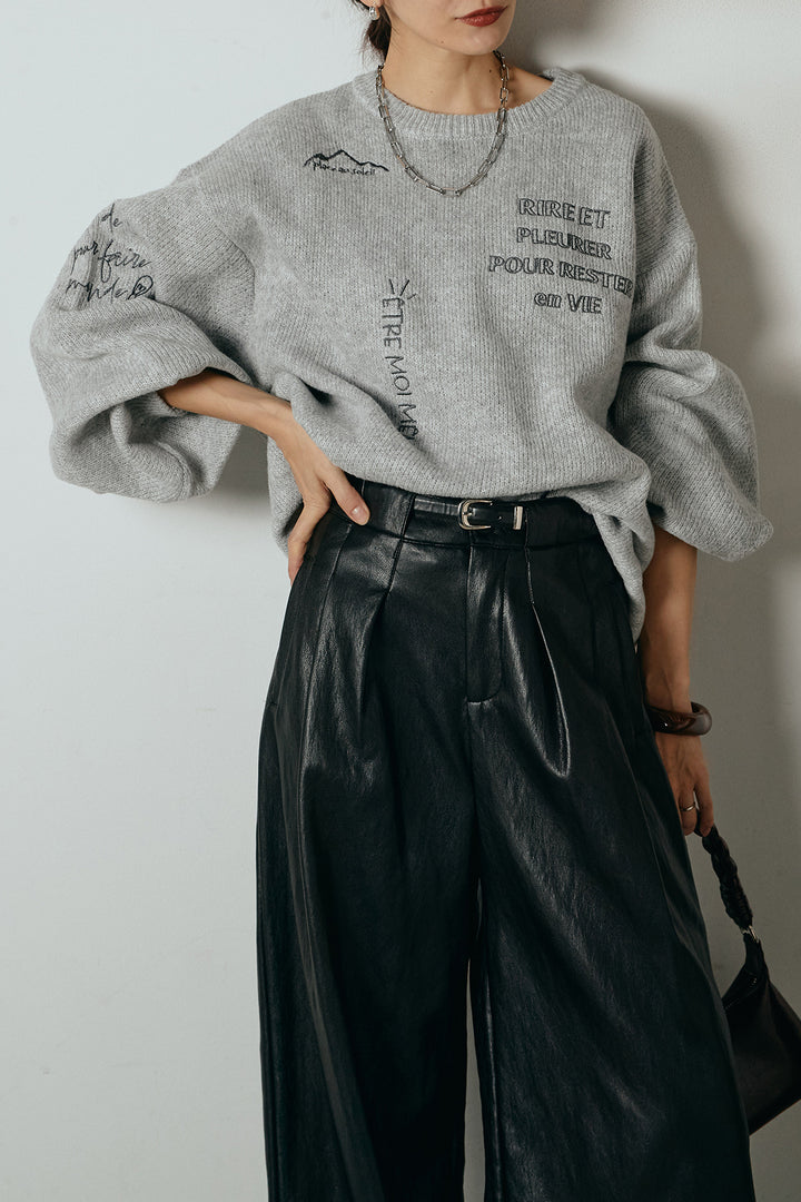 [SET]刺繍ロゴランダムデザインニットトップス+ベルト付きレザーライクタックパンツ(2set)