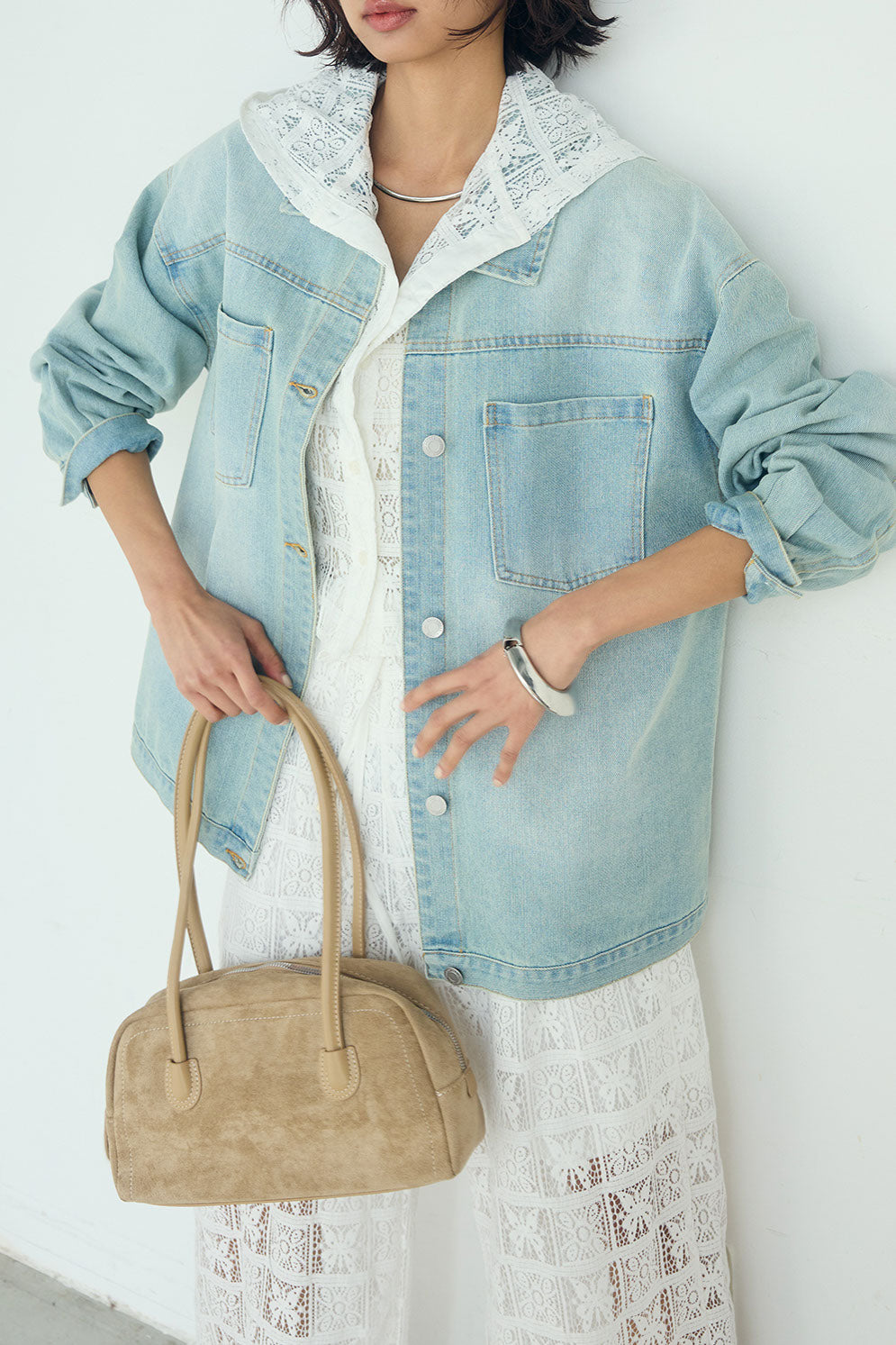 [SET]デニムオーバーサイズジャケット+パッチワークレースイージーパンツ+パッチワークレースショート丈フードシャツ(3set)