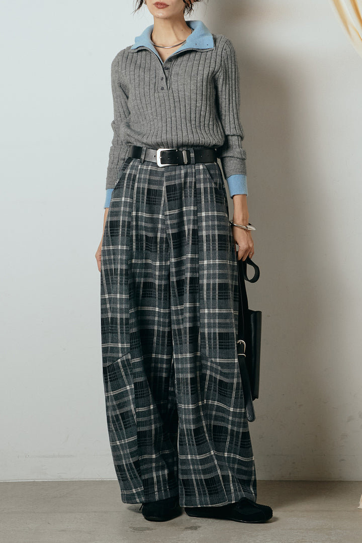 [SET]レイヤード風リブニットトップス+ベルト付きタータンチェックカーブワイドパンツ(2set)