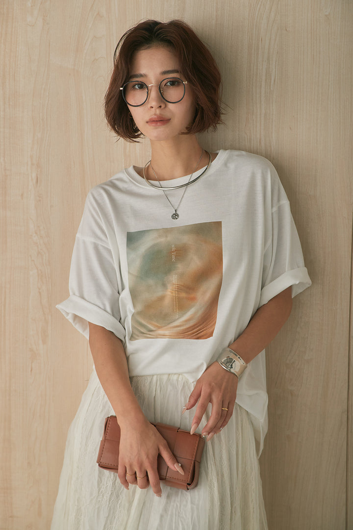 [SET]MarbleプリントTシャツ+レースコンビワッシャーギャザースカート(2set)