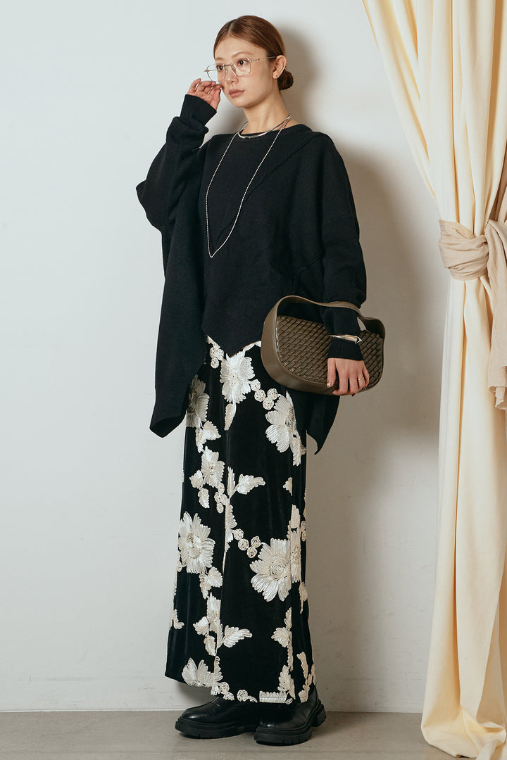 [SET]アシンメトリーデザインニットトップス+フラワー刺繍ワイドスカート(2set)