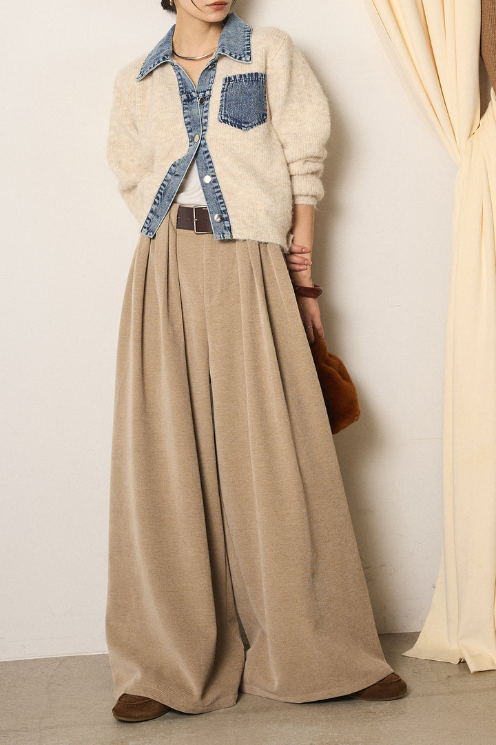 [SET]襟付きデニム切替ニットカーディガン+ベルトループコーデュロイワイドパンツ(2set)