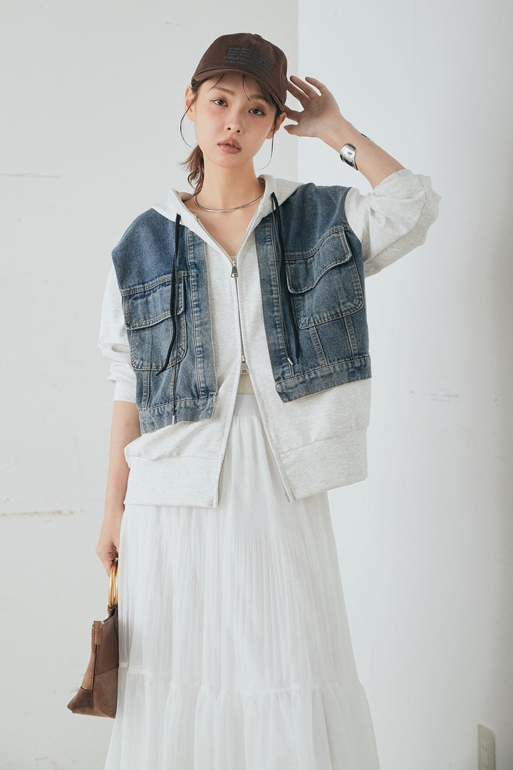[SET]デニム切替ポンチダブルジップパーカー+ボリュームシルエットチュールスカート(2set)