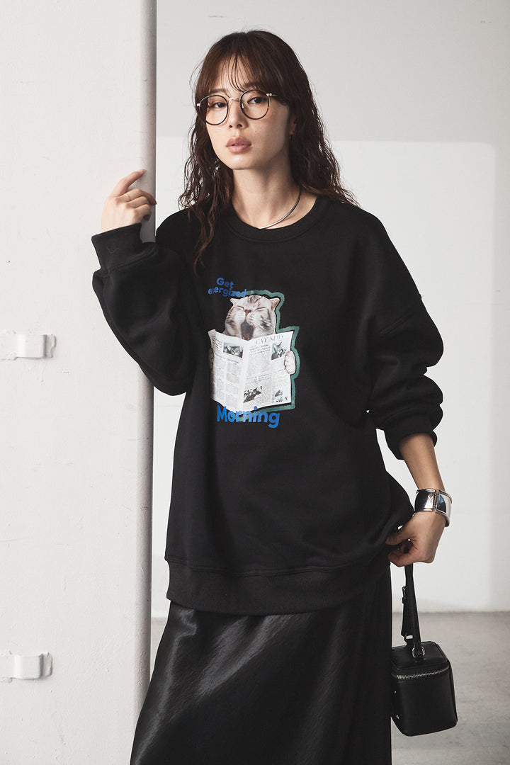 [SET]裏起毛モーニングキャットプリントスウェット+裾レースデザインサテンスカート(2set)