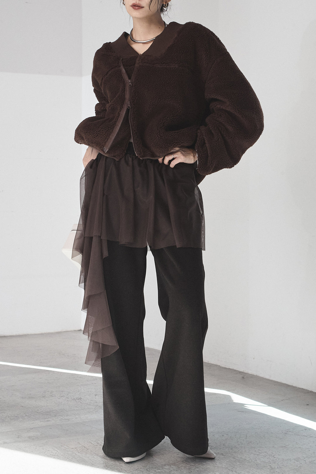 [SET]ノーカラーリブボアアウター+チュールレイヤードニットパンツ(2set)