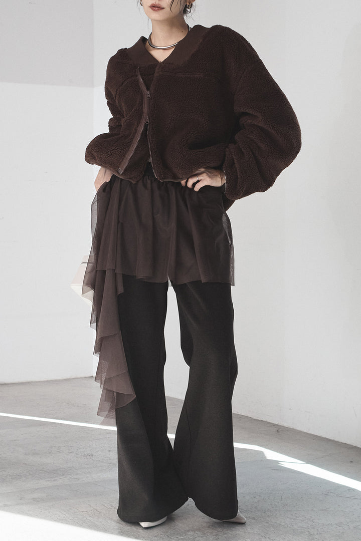 [SET]ノーカラーリブボアアウター+チュールレイヤードニットパンツ(2set)