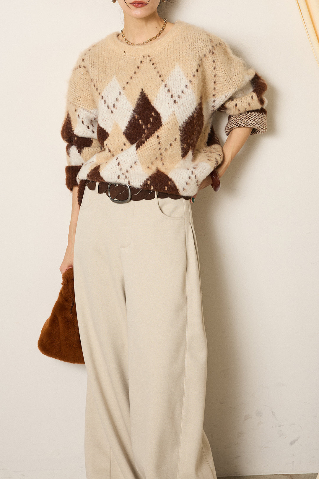 [SET]配色アーガイル柄ニットトップス+編みベルト付きワイドパンツ(2set)