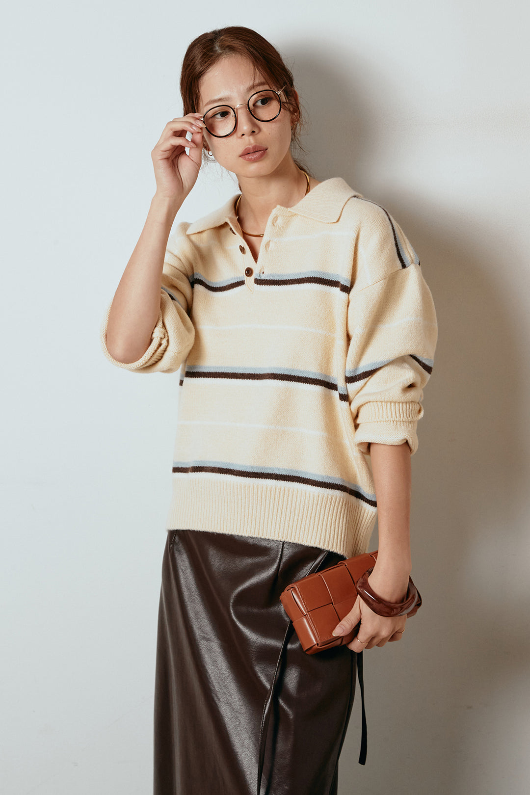 [SET]襟付きマルチボーダーニットポロトップス+紐付きフェイクレザーワイドスカート(2set)